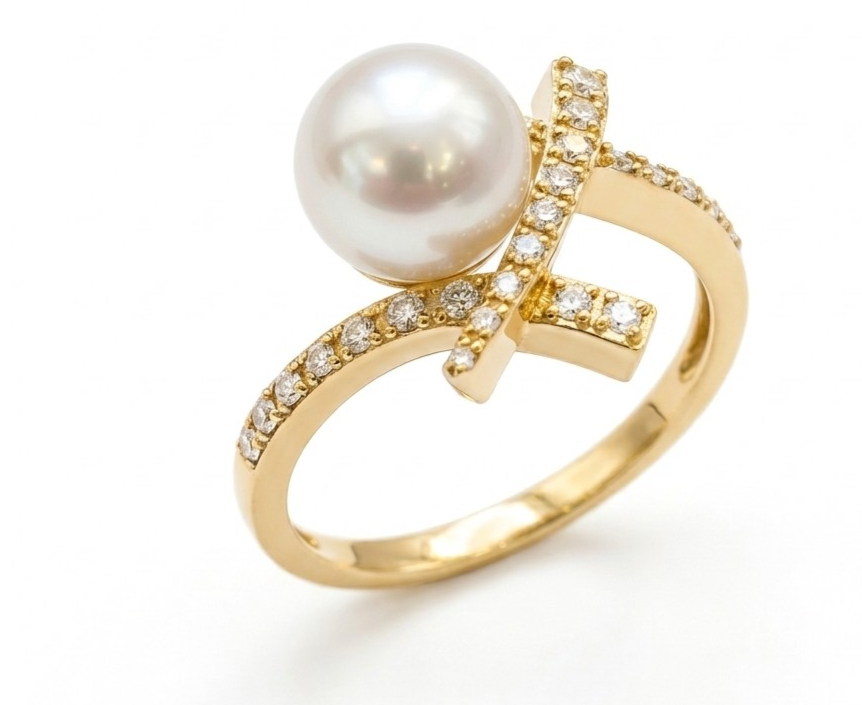 A1508P-J — BAGUE OR JAUNE 750‰ AKOYA 7.5–8 MM DIAMANTS 0.26 CT