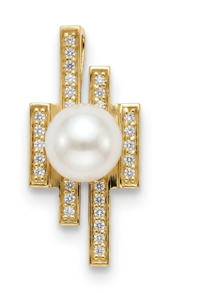 P1452B-J — PENDENTIF OR JAUNE 750‰ EAU DOUCE 7–7.5 MM DIAMANTS 0.11 CT