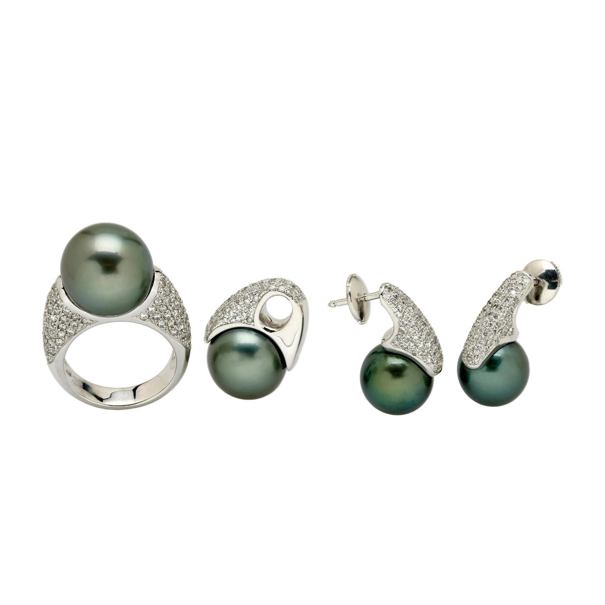 Parure perles Tahiti diamants bague boucles Porchet