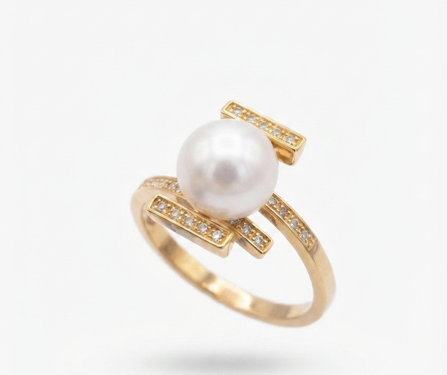 A1503B-J — BAGUE OR JAUNE 750‰ EAU DOUCE 8–8.5 MM DIAMANTS 0.07 CT