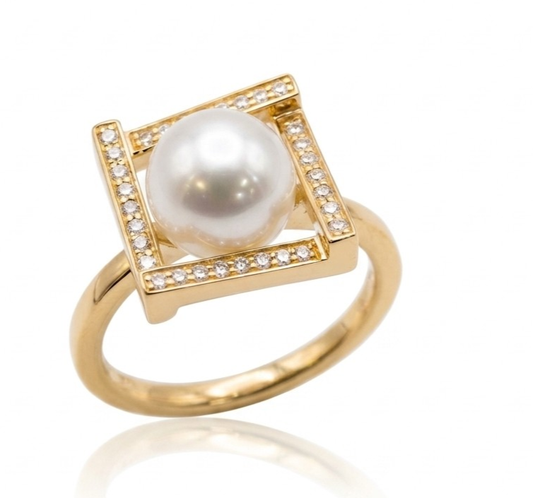 A1504B-J — BAGUE OR JAUNE 750‰ EAU DOUCE 8–8.5 MM DIAMANTS 0.16 CT