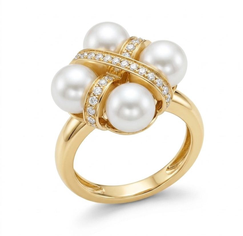 A1509B-J — BAGUE OR JAUNE 750‰ AKOYA 6–6.5 MM DIAMANTS 0.20 CT